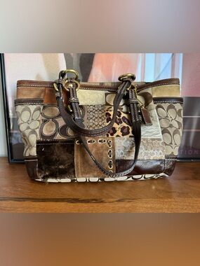 Coach F12843 Patchwork Shoulder Tote in Brown and Cream suede leather cheetah
